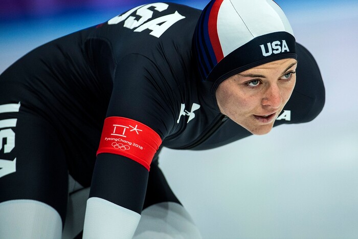 (Chris Detrick  |  The Salt Lake Tribune)  USA's Heather Bergsma races Netherlands' Marrit Leenstra in the Ladies' 1,000m during the Pyeongchang 2018 Winter Olympics Wednesday, Feb. 14, 2018.  Bergsma finished in 8th place with a time of 1:15.15.