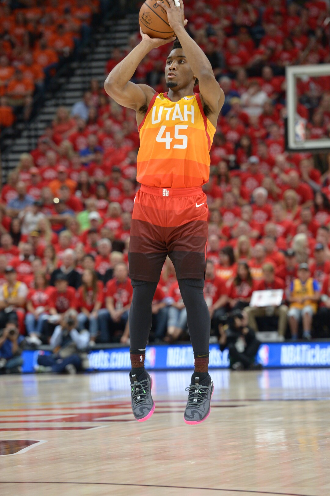 (Leah Hogsten  |  The Salt Lake Tribune) Utah Jazz guard Donovan Mitchell (45) was held to 2 points in the first half as the Utah Jazz take on the Houston Rockets in Game 3 of an NBA basketball second-round playoff series Friday, May 4, 2018 in Salt Lake City.