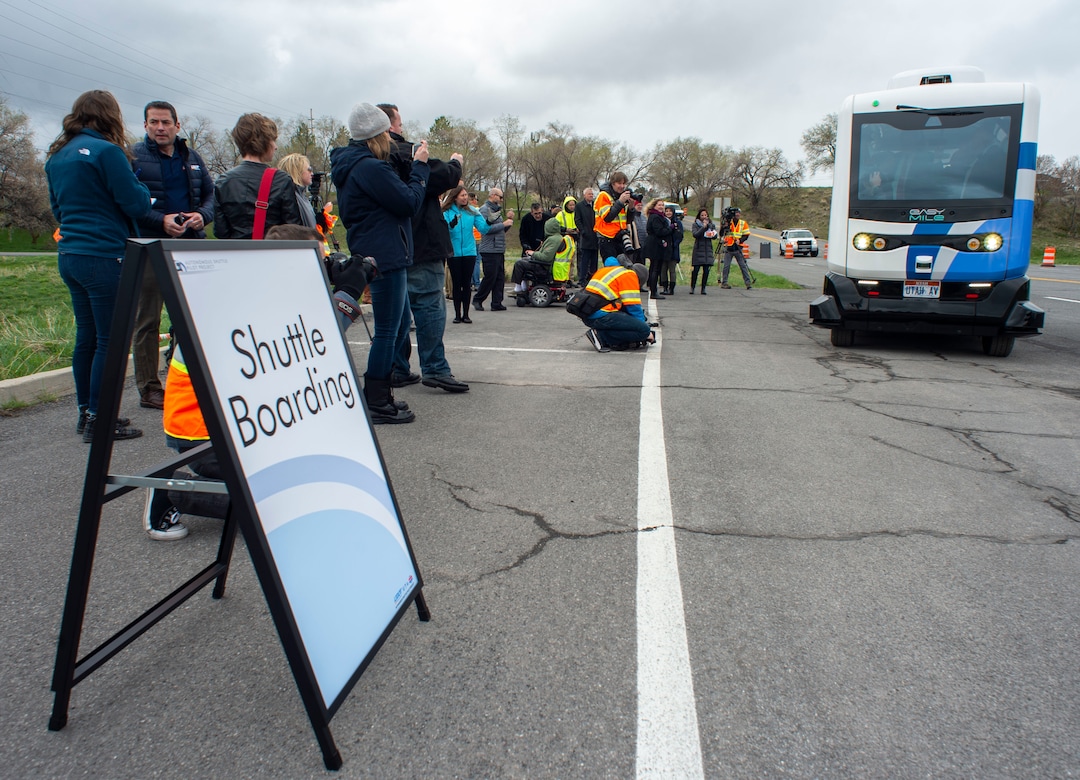 (Rick Egan  |  The Salt Lake Tribune)    The Autonomous Shuttle stops to pick up riders, during a demonstration as the Utah Department of Transportation, in partnership with the Utah Transit Authority, launched a new Autonomous Shuttle Pilot Project at the test track is across the street from UDOT headquarters on the west side of 2700 West. Thursday, April 11, 2019.