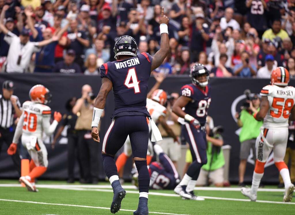 Houston Texans quarterback Deshaun Watson (4) celebrates a touchdown against the Cleveland Browns in the first half of an NFL football game, Sunday, Oct. 15, 2017, in Houston. (AP Photo/Eric Christian Smith)