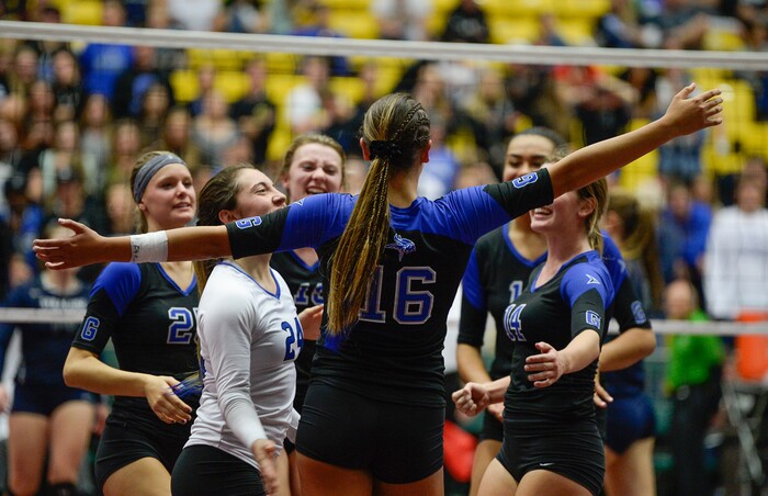 (Francisco Kjolseth  |  The Salt Lake Tribune)  Kazna Tarawhiti, center, of Pleasant Grove celebrates with her team over Syracuse in their quarterfinal match at the UCCU Center at Utah Valley University on Thursday, Nov. 2, 2017. Pleasant Grove went on to win in three straight sets.