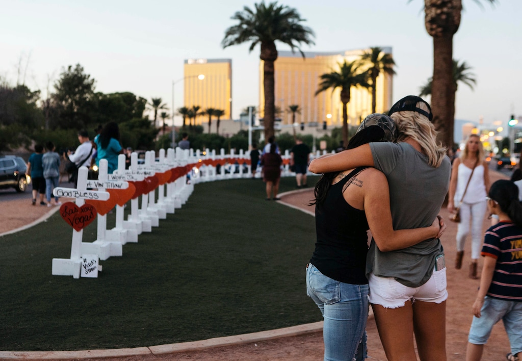 (Mikayla Whitmore | The Las Vegas Sun via The Associated Press) A memorial displaying 58 crosses by Greg Zanis stands at the Welcome To Las Vegas Sign on Thursday, October 5, 2017, in Las Vegas. Each cross has the name of a victim killed during the mass shooting at the Route 91 Harvest country music festival this past Sunday. Dozens of people were killed and hundreds were injured.
