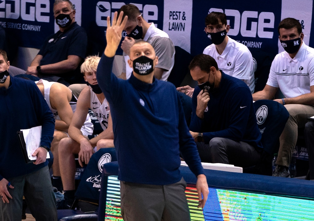 (Rick Egan | The Salt Lake Tribune)  Brigham Young Cougars head coach Mark Pope signals to his team, in basketball action at the Marriott Center in Provo, on Saturday, Jan. 30, 2021. BYU's game against Saint Mary's on Feb. 11 has been postponed due to COVID-19 protocols in the Gaels' program.