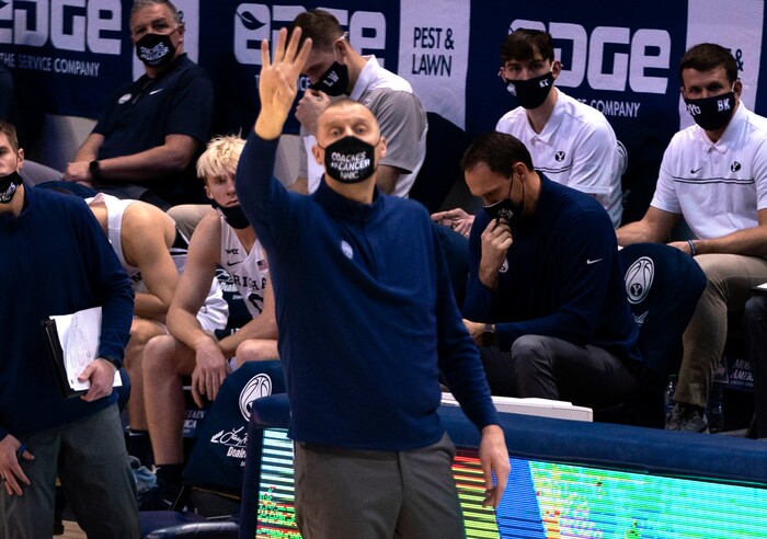 (Rick Egan | The Salt Lake Tribune)  Brigham Young Cougars head coach Mark Pope signals to his team, in basketball action at the Marriott Center in Provo, on Saturday, Jan. 30, 2021.