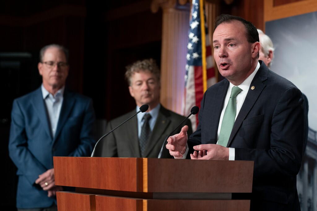 (Manuel Balce Ceneta | AP) Sen. Mike Lee, R-Utah, from right, with Sens. Rand Paul, R-Ky., Mike Braun, R-Ind., talks about debt ceiling during a news conference on Capitol Hill in Washington, Wednesday, Jan. 25, 2023.