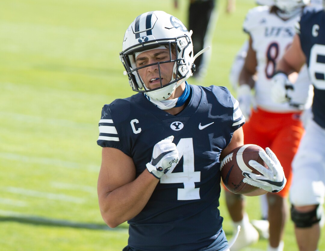 (Rick Egan  |  The Salt Lake Tribune)    Brigham Young running back Lopini Katoa (4) scores a touchdown for the Cougars, in football action between the Brigham Young Cougars and the UTSA Roadrunners, at Lavell Edwards stadium, Saturday, Oct. 10, 2020.