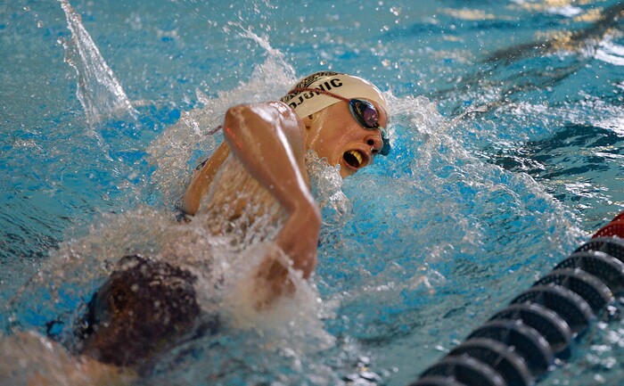 (Francisco Kjolseth  |  The Salt Lake Tribune)  Helena Djunic of Park City swims her way to a first place finish in the Women 200 Yard Free at the high school swimming 4A State Championships in Bountiful, Friday February 9, 2018.
