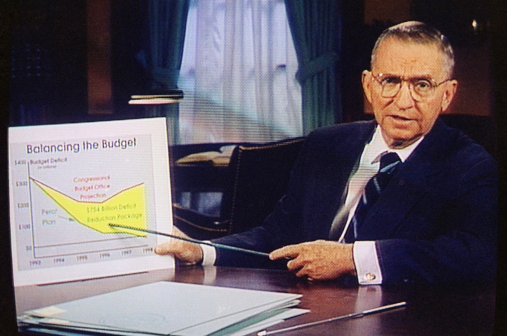 FILE – In this Oct. 16, 1992, file photo, Ross Perot is shown on a screen in a paid 30-minute television commercial, during a media preview in Dallas. Perot, the Texas billionaire who twice ran for president, has died, a family spokesperson said Tuesday, July 9, 2019. He was 89. (AP Photo, File)