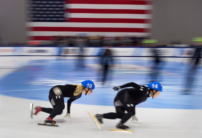 (Scott Sommerdorf   |  The Salt Lake Tribune)   
Corinne Stoddard, and Katy Ralston blur during a ladies 1000 meter heat during day 3 of the U.S. short-track Olympic Team Trials at the Utah Olympic Oval, Sunday, December 17, 2017.  
