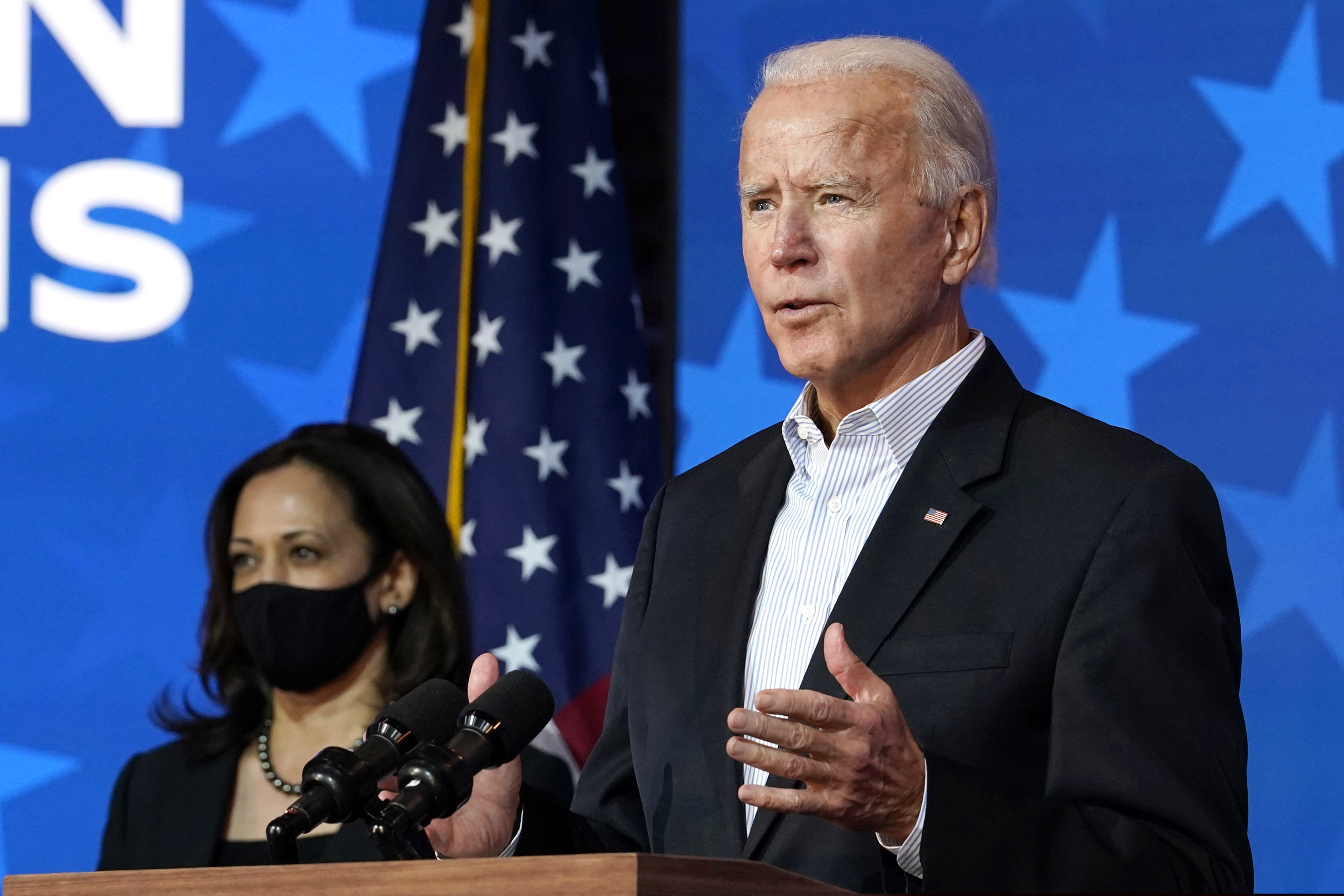 (Carolyn Kaster | AP file photo)  Democratic presidential candidate and former Vice President Joe Biden speaks Thursday, Nov. 5, 2020, in Wilmington, Del. Democratic vice presidential candidate Sen. Kamala Harris, D-Calif., stands at left.