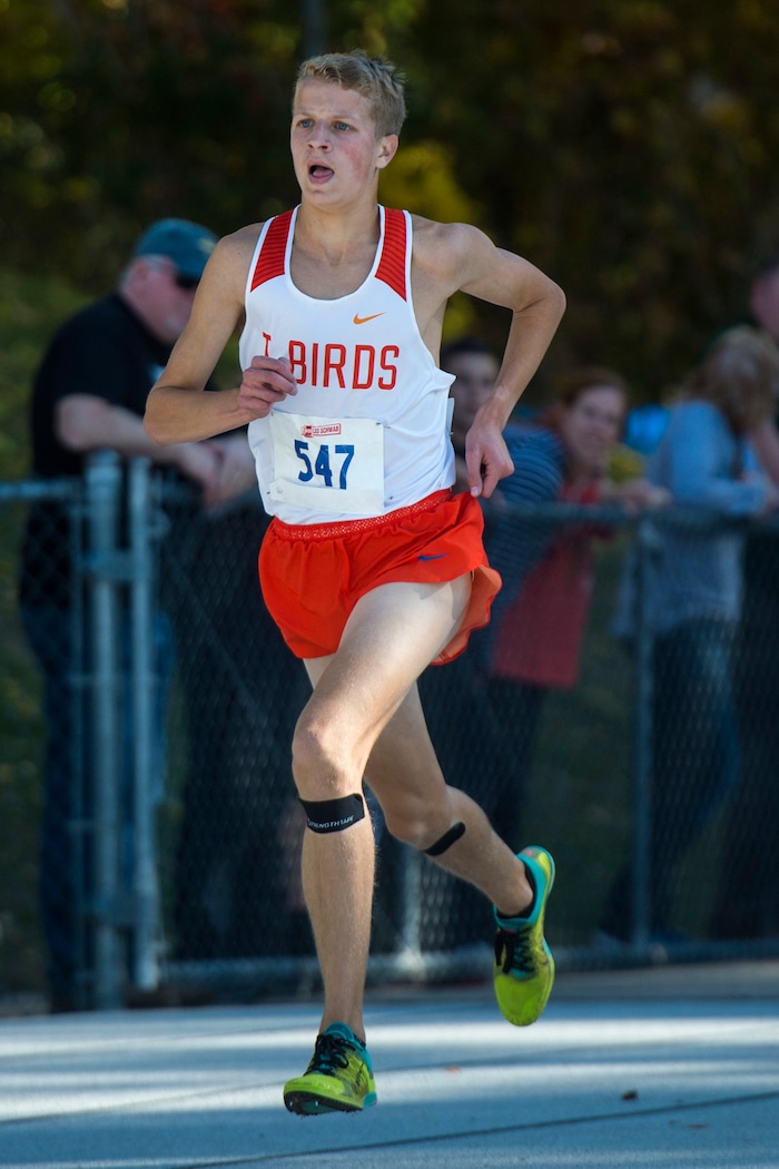 (Chris Detrick  |  The Salt Lake Tribune)  Timpview senior Aidan Troutner wins the 5A boy's state cross-country meet with a time of 14:48.8 at Sugar House Park and Highland High School Wednesday, October 18, 2017. 
