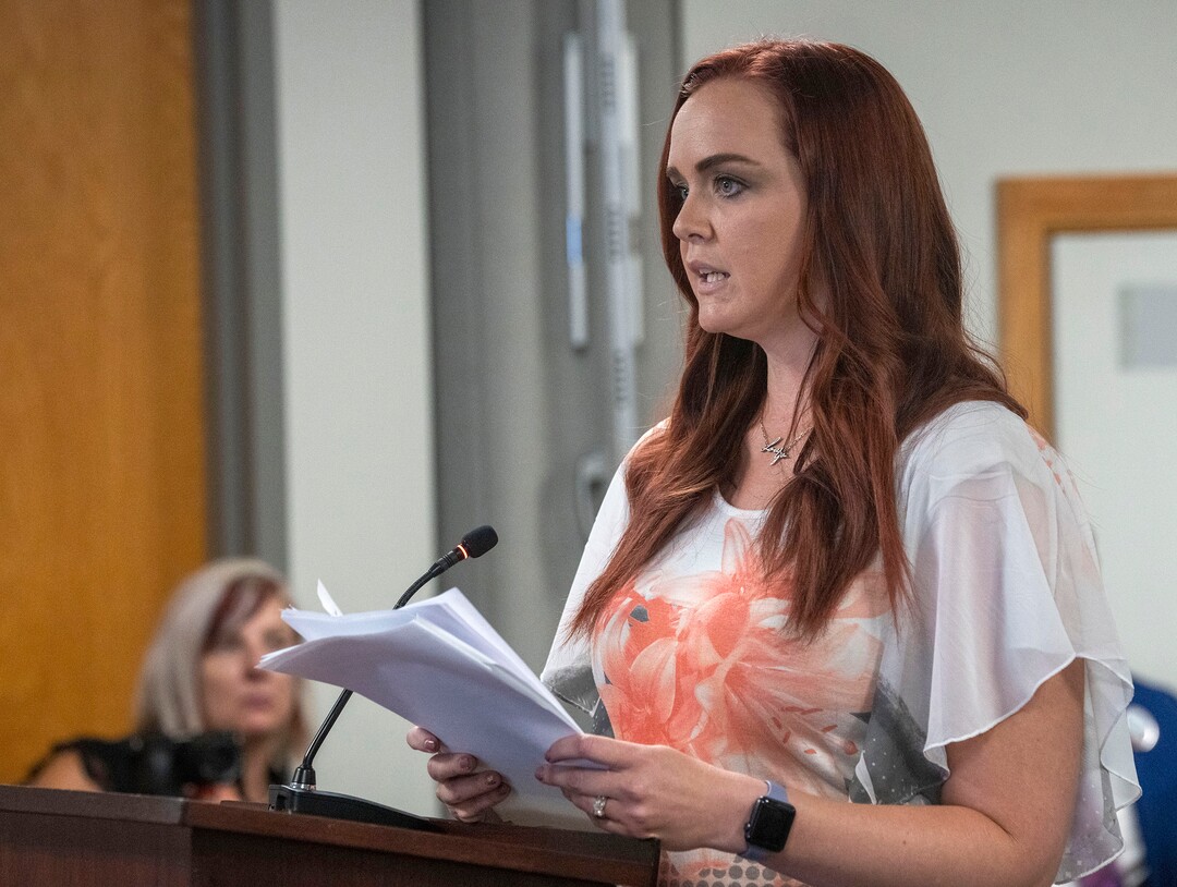 (Rick Egan | The Salt Lake Tribune)  Jennifer Myers speaks, during a public hearing on the Utah State Board's recent rules for teaching about racism in the K-12 classroom at the State Board of Education in Salt Lake City, on Thursday, July 22, 2021.
