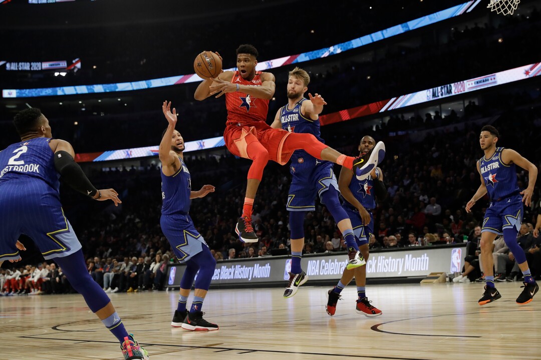 Giannis Antetokounmpo of the Milwaukee Bucks looks to pass during the second half of the NBA All-Star basketball game Sunday, Feb. 16, 2020, in Chicago. (AP Photo/Nam Huh)