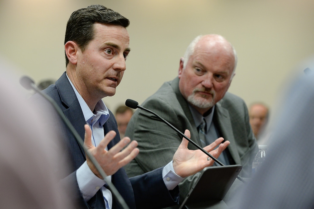 (Francisco Kjolseth | The Salt Lake Tribune) Mayor Trent Staggs of Riverton, left, and Mayor Derk Timothy of Bluffdale, go before the Salt Lake County City Council on Tuesday, Jan. 28, 2020, to express their opposition to Olympia Hills, a high-density development proposed outside of Herriman. Staggs announced on Tuesday, May 23, 2023, that he is running for U.S. Senate.