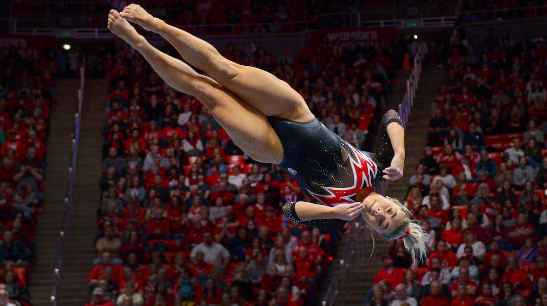 (Leah Hogsten  |  The Salt Lake Tribune) Sydney Soloski gave a 9.90 floor routine as the University of Utah fifth-ranked gymnastics team hosts No. 12 University of Kentucky during its home opener, Jan. 3, 2020, at the Huntsman Center.