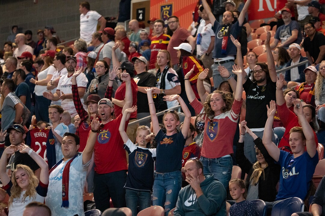 (Francisco Kjolseth | The Salt Lake Tribune) Fans cheer on the team in MLS action between Real Salt Lake and Minnesota United FC at Rio Tinto Stadium in Sandy, on Saturday, May 29, 2021.