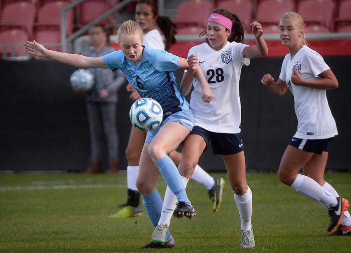 (Scott Sommerdorf | The Salt Lake Tribune)
Sky View's Haley Haynie battles for control of the ball with Bonneville's Bailey Hassell during first half play. Sky View defeated Bonneville 2-0 to win the 4A title game, Saturday, October 21, 2017.