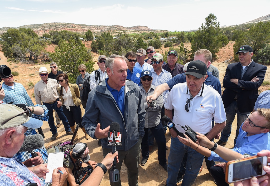 (Francisco Kjolseth | Tribune file photo) Then-Interior Secretary Ryan Zinke, left, and Utah Gov. Gary Herbert meet with reporters during Zinke's May 2017 tour of Bears Ears National Monument. Zinke ended up urging President Donal Trump to drastically reduce the size of the monument. Utah lawmakers also gave thousands to a nonprofit group to sue the federal government over the monument's initial designation on behalf of San Juan County. The group, known as the Foundation for Integrated Resource Management, spent the money without filing a single lawsuit.