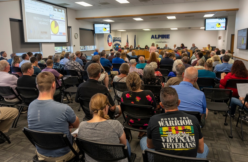 (Rick Egan | The Salt Lake Tribune) Residents gather for the Alpine School District's truth in taxation hearing on Tuesday, Aug. 8, 2023.