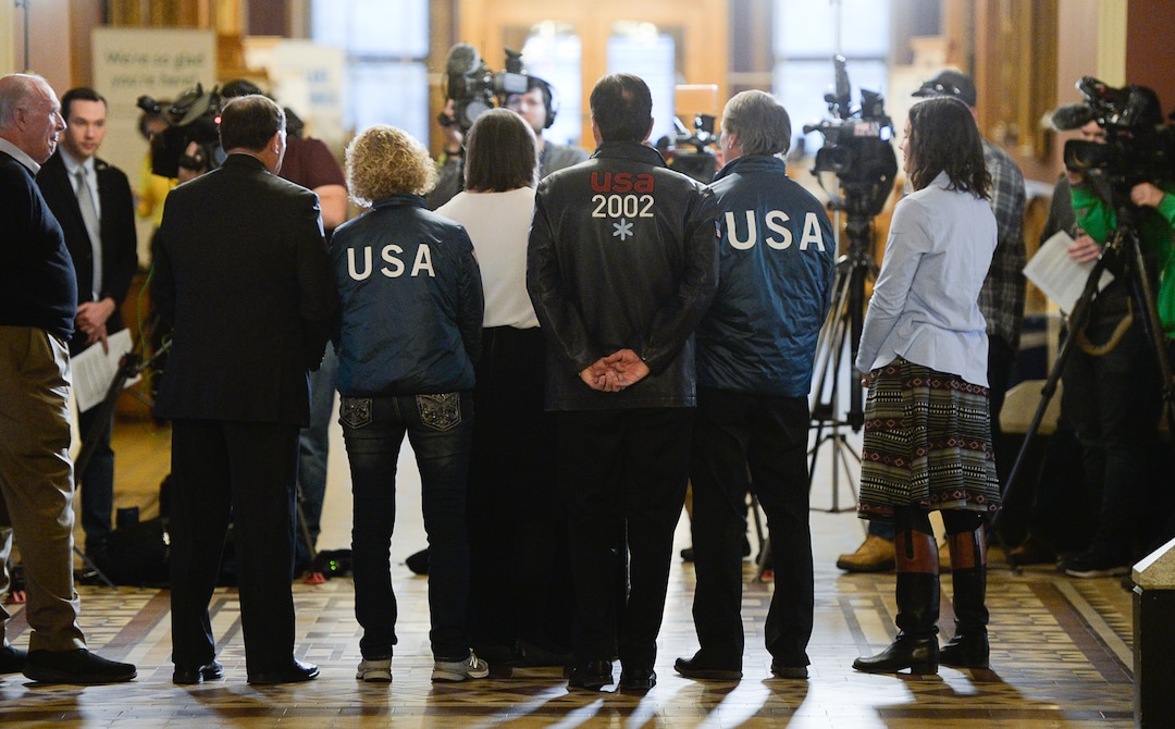 (Francisco Kjolseth  |  The Salt Lake Tribune)  Salt Lake City officials gather to celebrate after getting the news that U.S. Olympics Committee chose Salt Lake City over Denver to bid for a future Winter Olympics, possibly 2030, as they gather at City Hall on Friday, Dec. 14, 2018 to announce the decision.