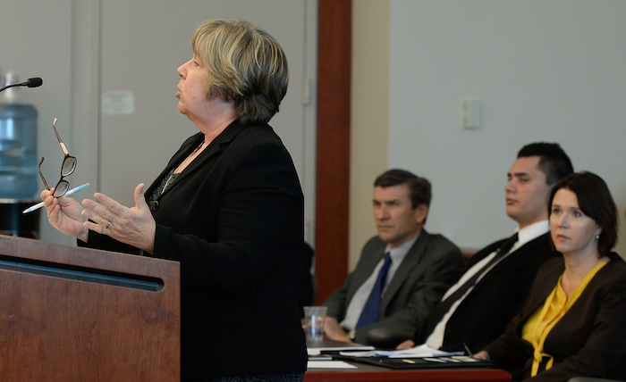 (Francisco Kjolseth  |  The Salt Lake Tribune)  Prosecuting attorney Donna Kelly speaks before the judge during former Brighton High and University of Southern California linebacker Osa Masina's sentencing hearing for sexual battery at the Matheson Courthouse in Salt Lake City on Tuesday, Dec. 5, 2017. Masina was sentenced to 365 days in jail, followed by two years on probation and won't be required to register as a sex offender.