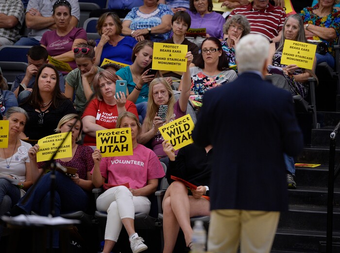 (Scott Sommerdorf   |  The Salt Lake Tribune)   
The crowd reacted as Congressman Rob Bishop addressed a question about public lands during his town hall meeting held at Layton Christian Academy in Layton, Utah, Friday, August 25, 2017.