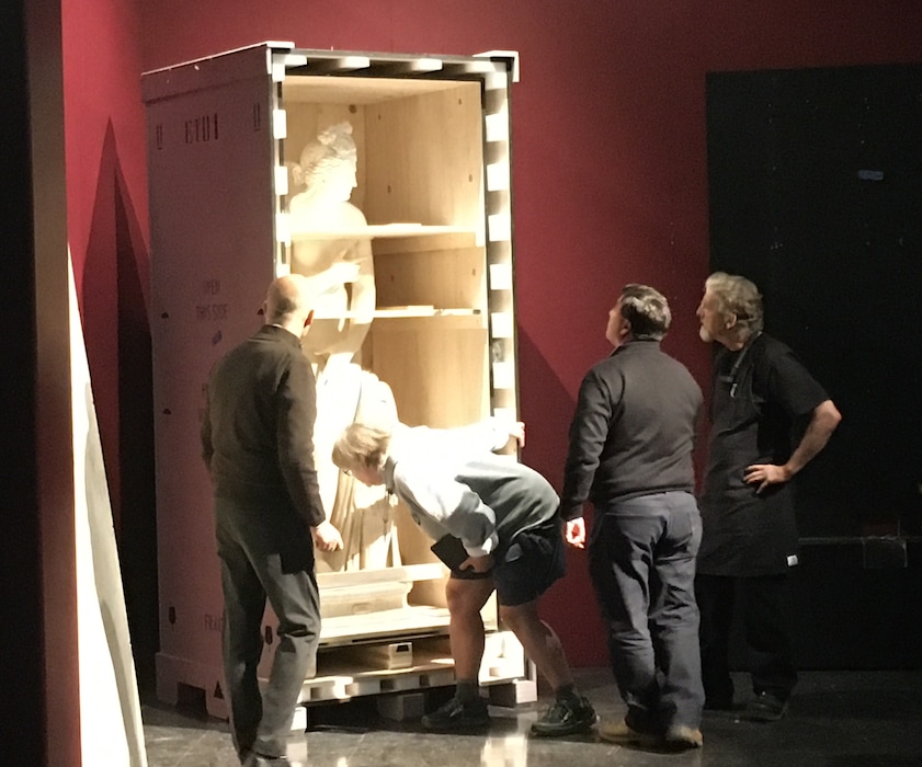 (Sean P. Means  |  The Salt Lake Tribune) Jackie Hoff, registrar for "Pompeii: The Exhibition," checks a 2,000-year-old marble statue of Aphrodite for damage, after workmen uncrated it Monday, Nov. 18, at The Leonardo in Salt Lake City. The touring exhibition will be installed this week, and open Saturday, Nov. 23.
