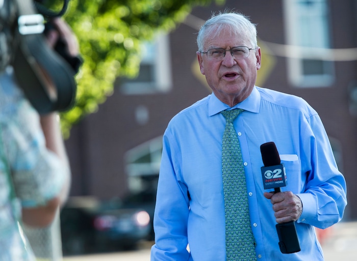 (Rick Egan  |  The Salt Lake Tribune) Rod Decker reports live from West High School, for KUTV news, Monday, September 11, 2017.


