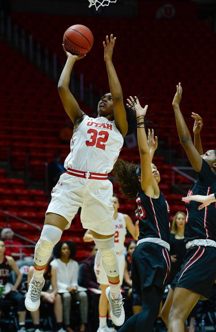 (Francisco Kjolseth  |  The Salt Lake Tribune)  Utah Utes forward Tanaeya Boclair (32) pushes as Utah hosts UNLV in women's NCAA basketball at the Huntsman Center, Thursday, March 15, 2018.