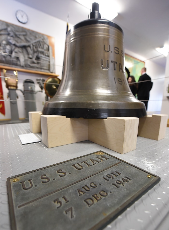 (Francisco Kjolseth  |  The Salt Lake Tribune)  On Wednesday, Dec. 7, 2017, the bell from the USS Utah, one of the first ships lost during the attack on Pearl Harbor, returns home, placed on display in the Naval Science building at the University of Utah.