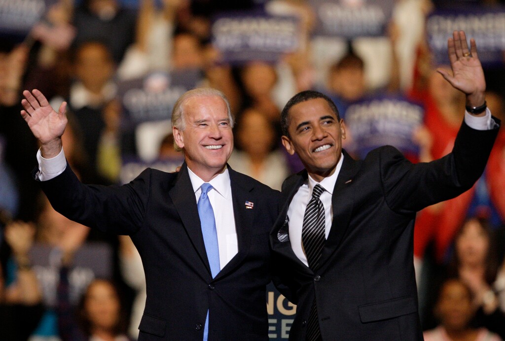 (Lynne Sladky | AP file photo)

 In this Oct. 29, 2008, photo vice presidential candidate Joe Biden, D-Del., left, and Democratic presidential candidate Sen. Barack Obama, D-Ill., right, wave during a rally at the Bank Atlantic Center in Sunrise, Fla.