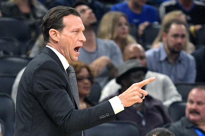 Utah Jazz head coach Quin Snyder calls out instructions during the first half of an NBA basketball game against the Orlando Magic, Saturday, Nov. 18, 2017, in Orlando, Fla. (AP Photo/Phelan M. Ebenhack)