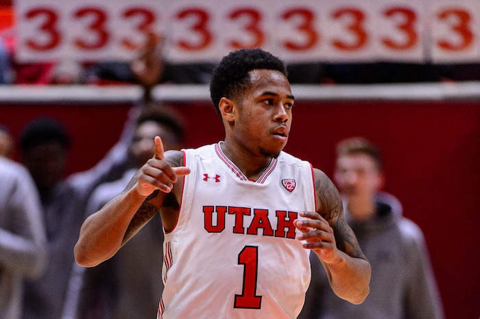 (Trent Nelson | The Salt Lake Tribune)  Utah Utes guard Justin Bibbins (1) celebrates a three-pointer as the University of Utah hosts Northwestern State, NCAA basketball in Salt Lake City, Wednesday December 20, 2017.