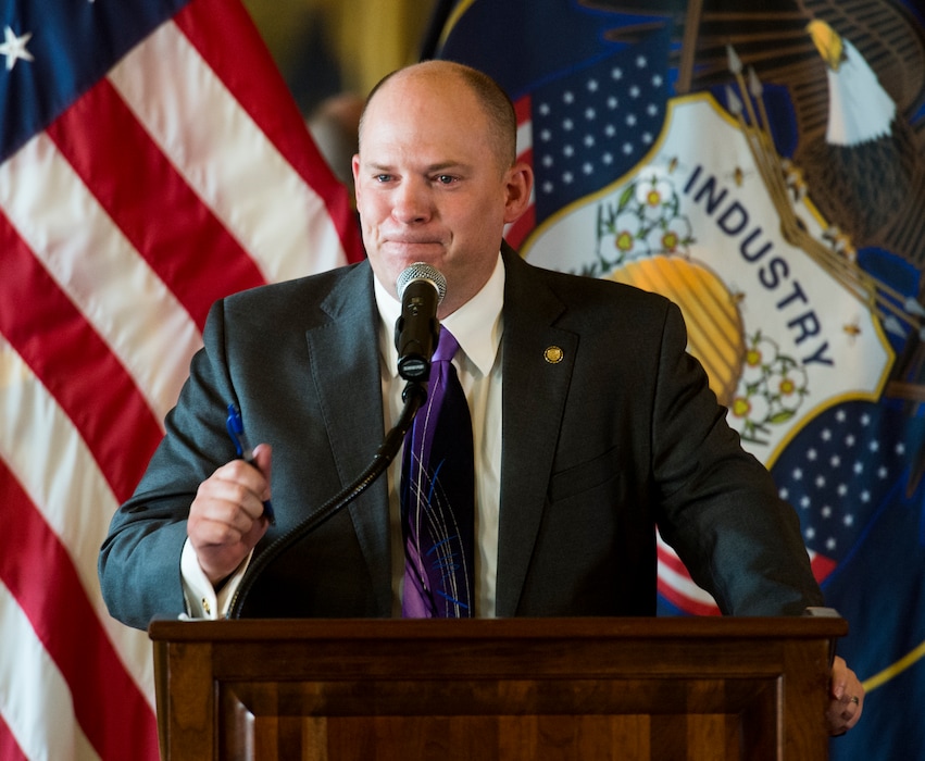 (Rick Egan  |  The Salt Lake Tribune)      State Sen. Daniel Thatcher speaks during a news conference about the National Suicide Prevention Hotline Improvement Act being signed into law. Tuesday, Aug. 21, 2018.