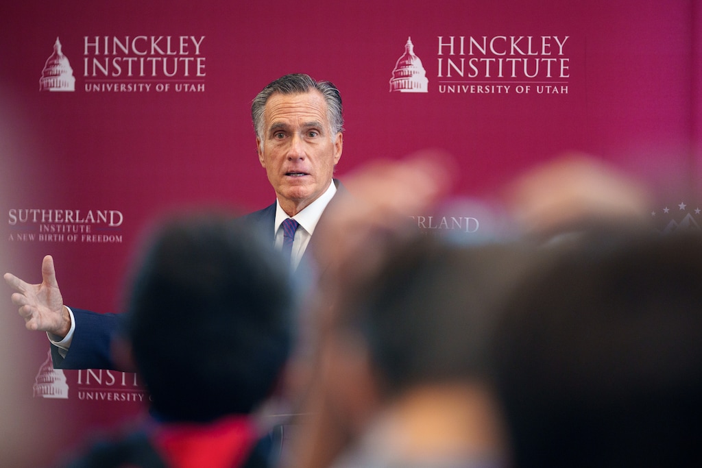 (Trent Nelson | The Salt Lake Tribune) Sen. Mitt Romney speaks at the Hinckley Institute of Politics in Salt Lake City on Tuesday, Oct. 8, 2024.