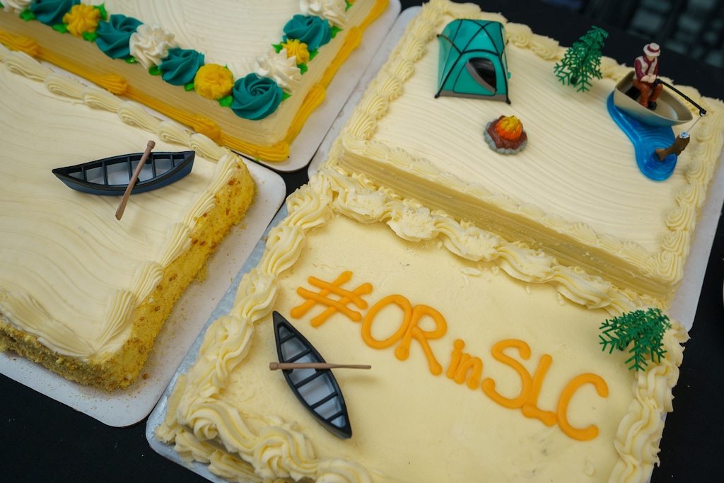 (Trent Nelson  |  The Salt Lake Tribune) A cake on display at a news conference announcing the return of Outdoor Retailer to Salt Lake City, on Wednesday, March 23, 2022.