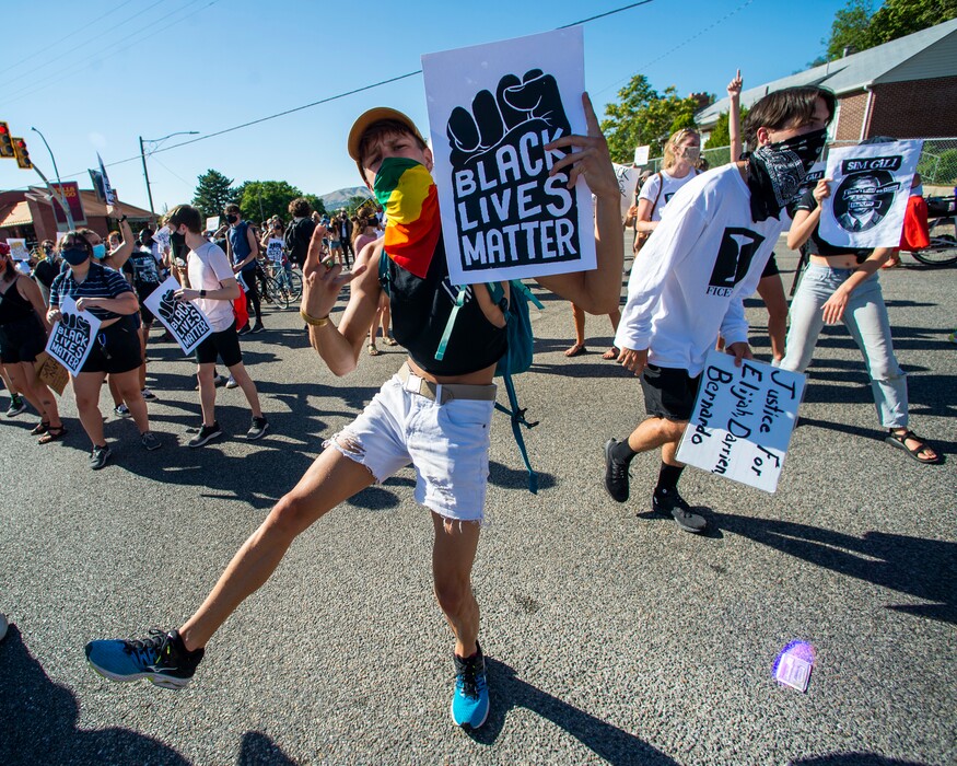 (Rick Egan  |  Tribune file photo)     Protesters dance on Foothill Drive, during a march for Justice in Salt Lake City, on Sunday, July 12, 2020.