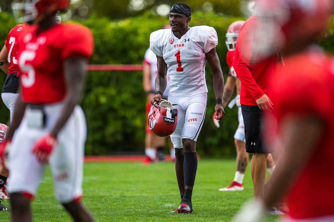 (Chris Detrick  |  The Salt Lake Tribune) Utah Utes quarterback Tyler Huntley (1) during practice Tuesday, August 22, 2017. 