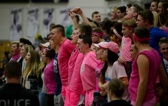 (Steve Griffin  |  The Salt Lake Tribune)  The Copper Hills student body gets fired up during the Riverton versus Copper Hills girl's basketball game at Cooper Hill s High School in West Jordan Thursday February 1, 2018.