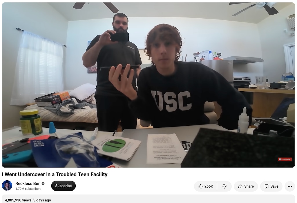 (Reckless Ben via YouTube) Ben Schneider, right, and Sheldon Norcross appear in a video posted Saturday, Aug. 15, 2026, in which they say they went undercover inside Provo Canyon School.
