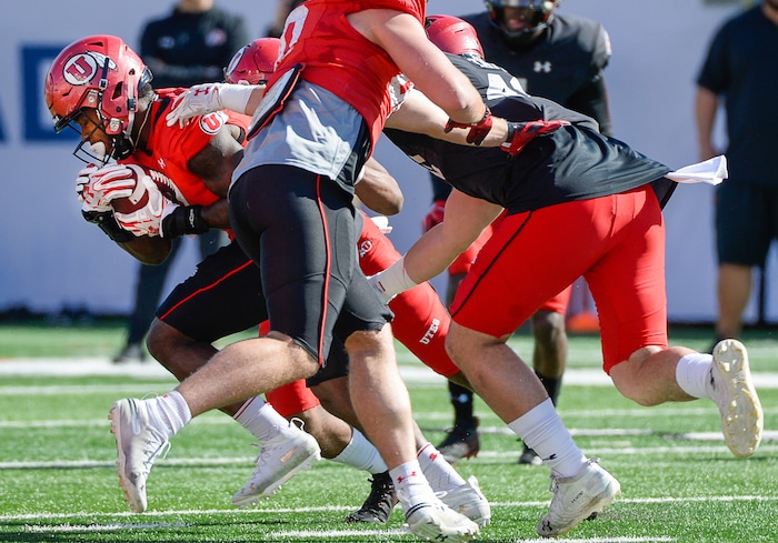 (Francisco Kjolseth  |  The Salt Lake Tribune)  Devonta'e Henry-Cole, #7, pushes past the defense as the Utah Utes hold their first of two major scrimmages of spring practice at Rice Eccles stadium on Saturday, March 30, 2019, prior to the April 13 Red-White Game. 