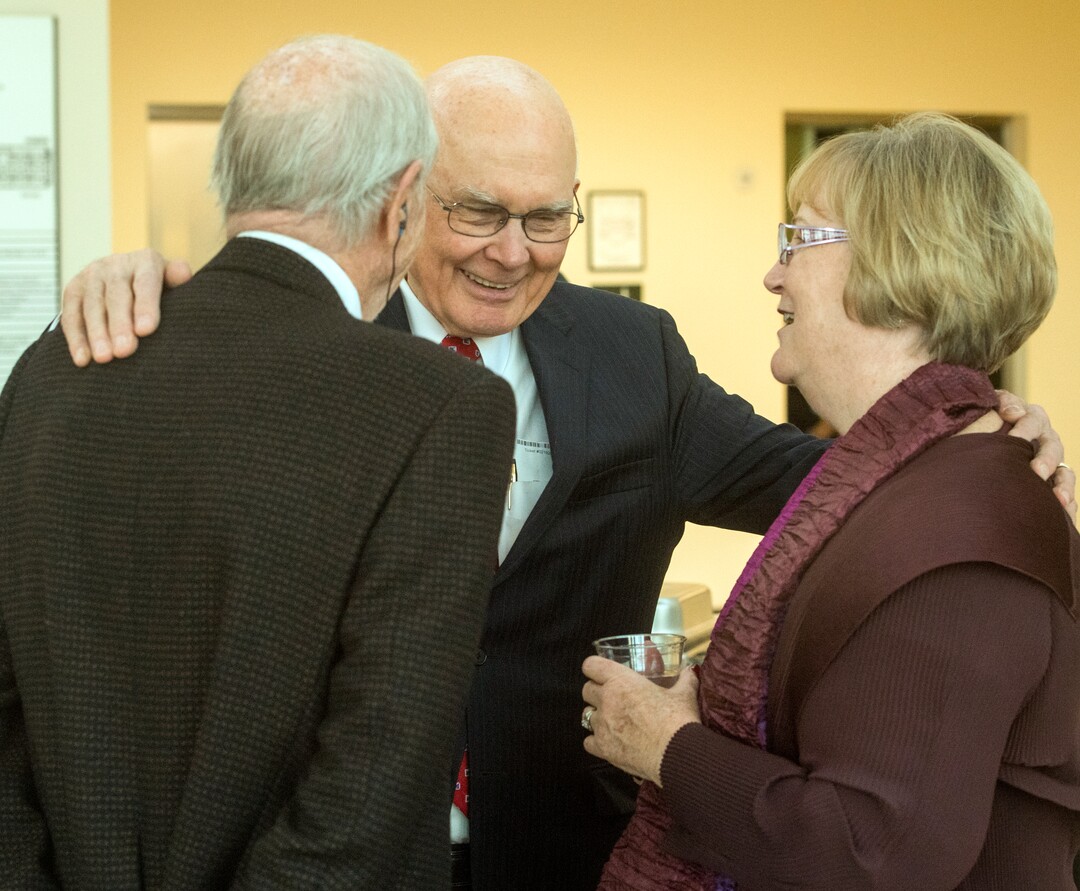 (Rick Egan  |  The Salt Lake Tribune)  Former Chief Justice Gordon Hall, and Dallin H. Oaks visit with Justice Christine M. Durham, during Judge Durham's retirement reception at the Matheson Courthouse, Monday, November 13, 2017.