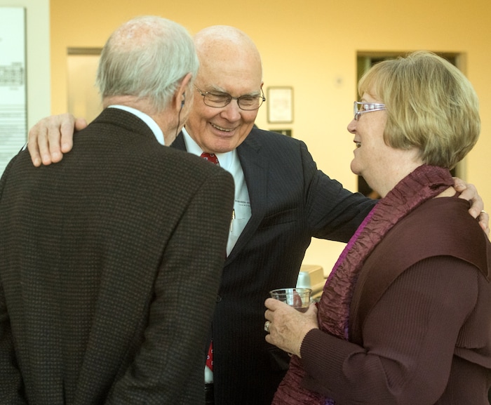 (Rick Egan | The Salt Lake Tribune) Former Chief Justice Gordon Hall, and Dallin H. Oaks visit with Justice Christine M. Durham, during Judge Durham's retirement reception at the Matheson Courthouse, Monday, November 13, 2017.