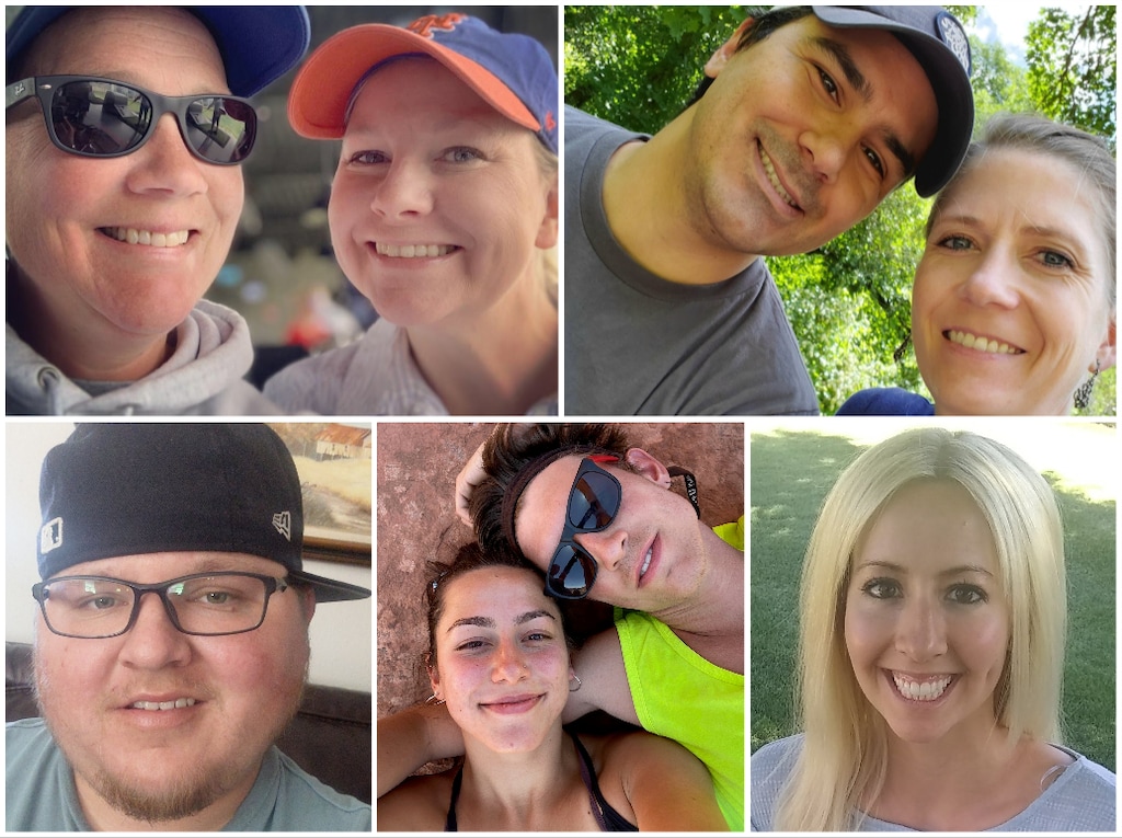 (Courtesy photos) Clockwise, from top left: Jackie Chamberlain, right, and her wife, Alex Chamberlain; Lauren Elkins, right, and her husband, Nathan Elkins; Lacey Johnson; Simon Greenhalgh, right, and Kati Simon; Preston Earl.