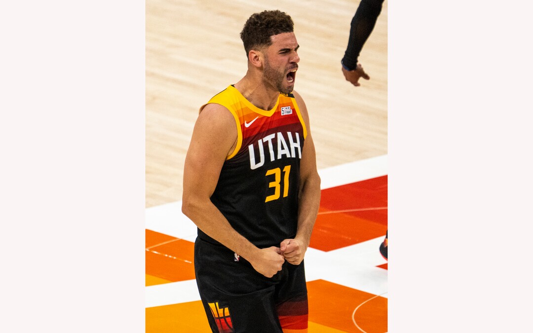 (Rick Egan | The Salt Lake Tribune) Utah forward Georges Niang (31) reacts after hitting a big 3-point shot for the Jazz in the 4th quarter, in NBA Playoff game 2, between the Utah Jazz and the Memphis Grizzlies at Vivint Arena, on Wednesday, May 26, 2021.