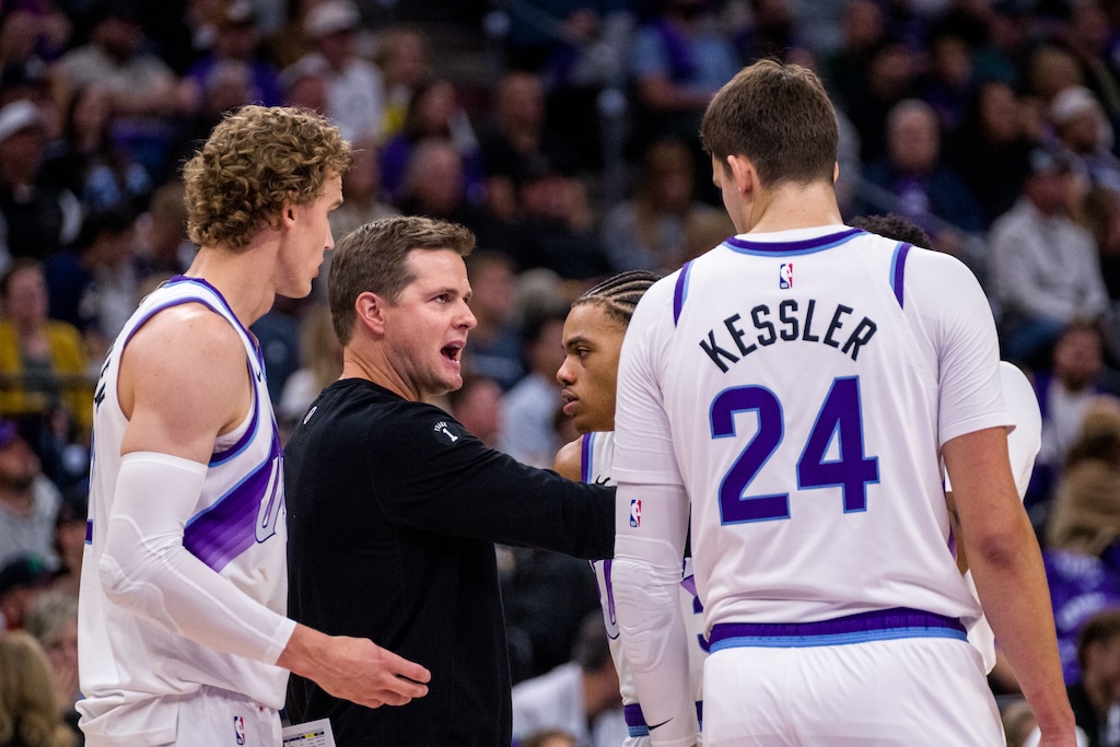 (Trent Nelson | The Salt Lake Tribune) Utah Jazz head coach Will Hardy with Utah Jazz forward Lauri Markkanen (23), Utah Jazz guard Keyonte George (3) and Utah Jazz center Walker Kessler (24) as the Utah Jazz host the LA Clippers, NBA basketball in Salt Lake City on Wednesday, Oct. 22, 2025.