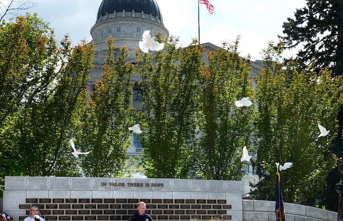 (Scott Sommerdorf | The Salt Lake Tribune)
Doves are released at the Utah Law Enforcement Memorial to honor the 142 Utah police officers killed in the line of duty during the state's history, Thursday, May 3, 2018.
No Utah law enforcement officer died in the line of duty last year.