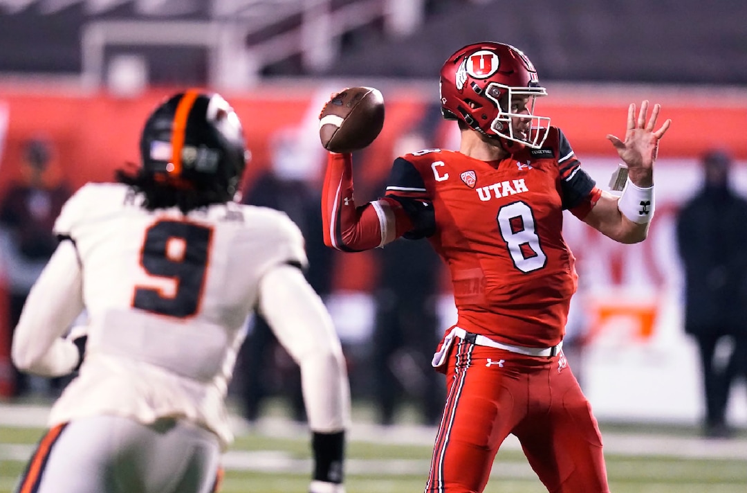Utah quarterback Jake Bentley (8) looks to pass the ball against Oregon State in the first half during an NCAA college football game Saturday, Dec. 5, 2020, in Salt Lake City. (AP Photo/Rick Bowmer)