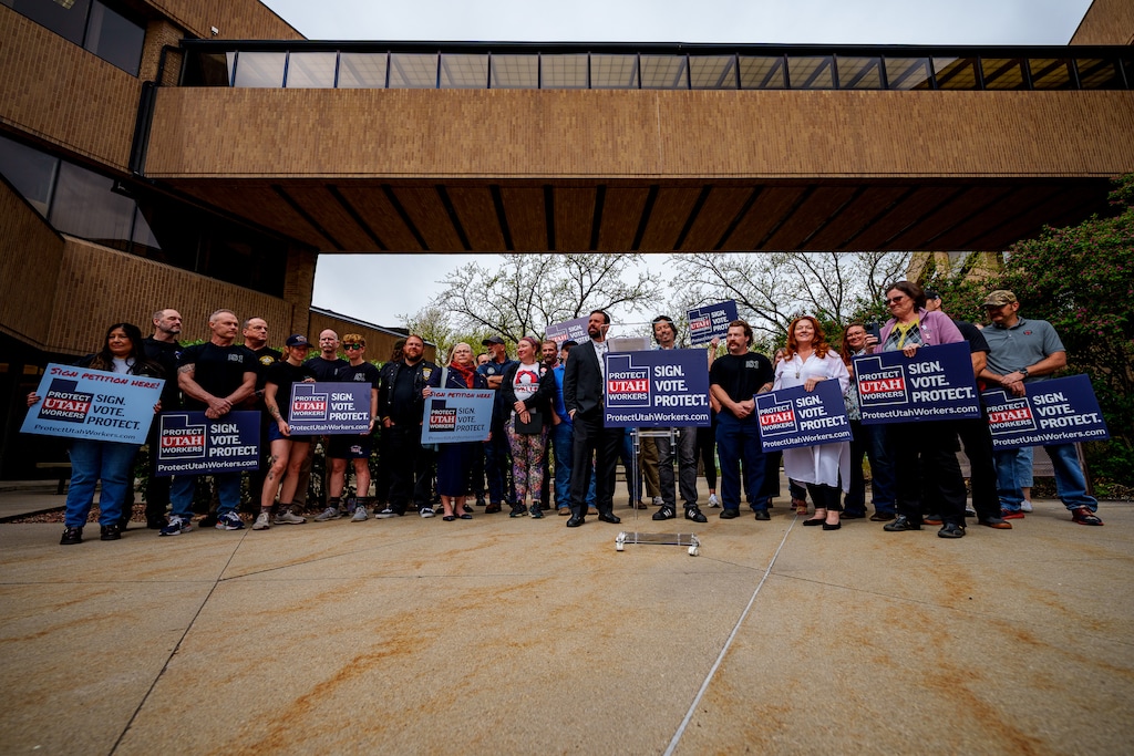 (Trent Nelson  |  The Salt Lake Tribune) Labor leaders gather after turning in signatures in their attempt to qualify a referendum repealing an anti-union bill, at the Salt Lake County Clerk's office on Wednesday, April 16, 2025.