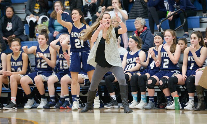 (Leah Hogsten  |  The Salt Lake Tribune) Skyline's head coach Lynette Schroeder calls for a time out.  Timpview defeated Skyline 56-49 in their semifinal game of the 5A High School Girls' Basketball Tournament at SLCC in Taylorsville, Friday, Feb. 23, 2018. 